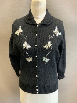 Womens, Sweater, LONDON COBINATIONS, Black, Wool, S, Catdigan, C.A., Button Front, L/S, Beaded & Sequins Butterflies