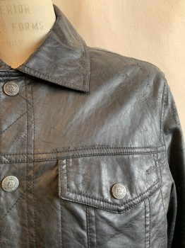 Mens, Leather Jacket, PX, Black, Leather, Solid, L, C.A., Snap Front, 4 Pockets, Tabs at Waistband, *Aged/Distressed*