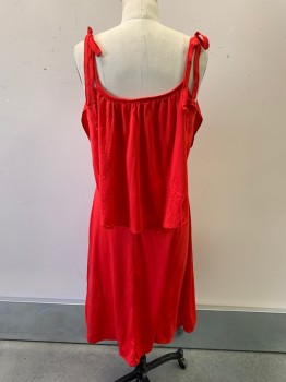 N/L, Red, Cotton, Lycra, Solid, Self Tie Spaghetti Straps, Scoop Neck, Ruffle Layer Over Bodice, Hem Below Knee
