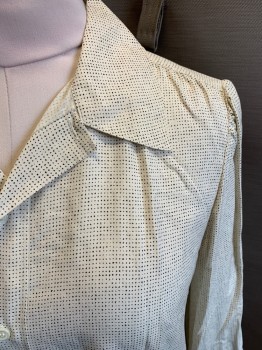 Womens, Blouse, A.P.C., Cream, Black, Silk, Speckled, Spots , M, Long Sleeves, Button Front, 5 Buttons, 2 Button Cuffs, Small Cap Sleeve, Light Gathering in Back Yolk