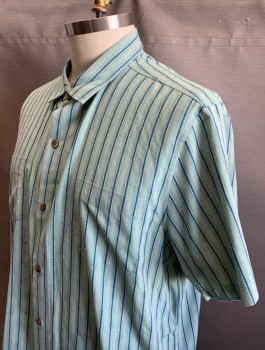 Mens, Casual Shirt, TOMMY BAHAMA, Lt Green, Slate Blue, Silk, Polyester, Stripes - Vertical , Squares, XXL, Short Sleeves, Button Front, Collar Attached, 1 Patch Pocket