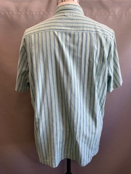 Mens, Casual Shirt, TOMMY BAHAMA, Lt Green, Slate Blue, Silk, Polyester, Stripes - Vertical , Squares, XXL, Short Sleeves, Button Front, Collar Attached, 1 Patch Pocket