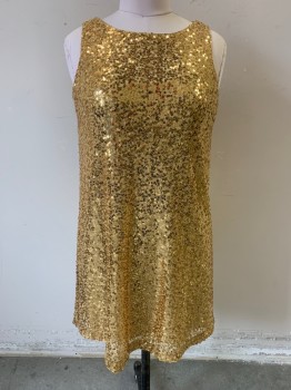 NINE WEST, Gold, Nylon, Sequins, Solid, Sleeveless, Square Sequins Pattern, Scoop Neck, Button Tab at Back, Knee Length, Shift Dress