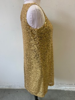 NINE WEST, Gold, Nylon, Sequins, Solid, Sleeveless, Square Sequins Pattern, Scoop Neck, Button Tab at Back, Knee Length, Shift Dress