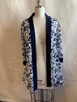 Womens, Dress, Piece 1, R&M RICHARDS, Navy Blue, White, Polyester, Spandex, Floral, 10, JACKET, Shawl Lapel, Open Front, Sheer