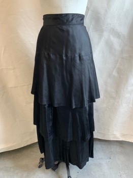 NL, Black, Synthetic, Wide Waistband, Ruffed, Vertical Pleats on Third Tier, Snap Back, Hook and Eye at Back Waist, Faux Satin Buttons at Back with Cording, Floor Length Hem
