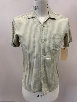 Mens, Shirt, DA VINCI, Khaki Brown, Off White, Cotton, Stripes - Vertical , M, S/S, B/F, 1 Pocket, C.A., Stain CF