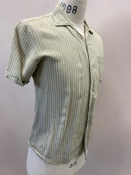 Mens, Shirt, DA VINCI, Khaki Brown, Off White, Cotton, Stripes - Vertical , M, S/S, B/F, 1 Pocket, C.A., Stain CF