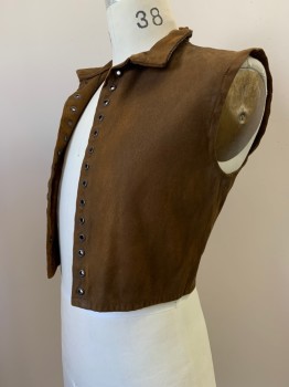 Mens, Historical Fiction Vest, NO LABEL, Brown, Leather, Solid, C35, Sleeveless, Collar Attached, Loop Holes, Aged, Made To Order,