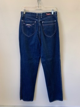 Womens, Jeans, BRITTANIA, Dk Blue, Cotton, Solid, W30, 4 Pockets, Zip Fly, Belt Loops, White Top Stitching