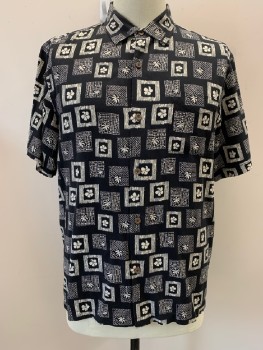 Mens, Hawaiian Shirt, TOMMY BAHAMA, Black, Off White, Silk, Hawaiian Print, Squares, XL, C.A., B.F., Wood Bttns,  S/S, 1 Patch Pckt,