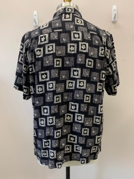 Mens, Hawaiian Shirt, TOMMY BAHAMA, Black, Off White, Silk, Hawaiian Print, Squares, XL, C.A., B.F., Wood Bttns,  S/S, 1 Patch Pckt,