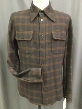 MTO, Espresso Brown, Chocolate Brown, Wool, Plaid, Button Front, Collar Attached, Long Sleeves, 2 Flap Pocket, Multiple