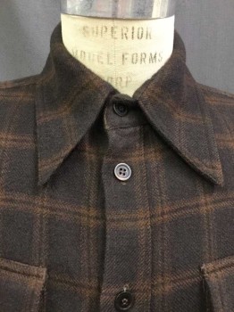 MTO, Espresso Brown, Chocolate Brown, Wool, Plaid, Button Front, Collar Attached, Long Sleeves, 2 Flap Pocket, Multiple