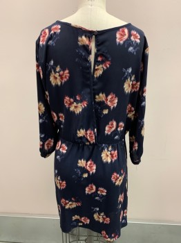 Womens, Dress, Long & 3/4 Sleeve, LUSH, Midnight Blue, Wine Red, Tan Brown, Multi-color, Polyester, Floral, L, Scoop Neck, Half Wrap, Button Back With Open Eyelet, Gathered Waistband