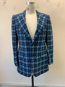 Mens, Blazer/Sport Co, ILLINOIS, Blue, Black, French Blue, Wool, Geometric, 38R, Single Breasted, 2 Buttons,  Notched Lapel, 3 Pockets, 2 Back Vents,