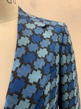 ILLINOIS, Blue, Black, French Blue, Wool, Geometric, Single Breasted, 2 Buttons,  Notched Lapel, 3 Pockets, 2 Back Vents,