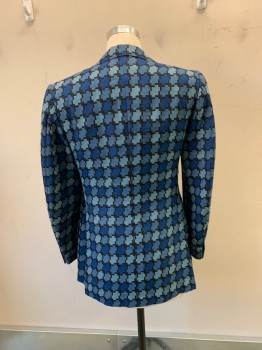 Mens, Blazer/Sport Co, ILLINOIS, Blue, Black, French Blue, Wool, Geometric, 38R, Single Breasted, 2 Buttons,  Notched Lapel, 3 Pockets, 2 Back Vents,