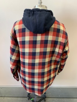 Mens, Casual Jacket, DAKOTA, Terracotta Brown, Red-Orange, Beige, Navy Blue, Cotton, Synthetic, Check , XL, Zip Front, B.F., Faux Hoodie Front, Flannel, Chest Pockets With Button Flaps, Side Pockets, Quilted Lining
