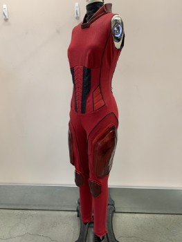 Womens, Sci-Fi/Fantasy Piece 1, NO LABEL, Red, Dk Red, Black, Polyester, Synthetic, Abstract , W:25, B:34, H: 30, Jumpsuit, Sleeveless, Mock Neck With Plastic Collar, Textured Fabric, Black Piping, Padded Abdomen, Thigh And Knee Guards, Back Zip, Made To Order
