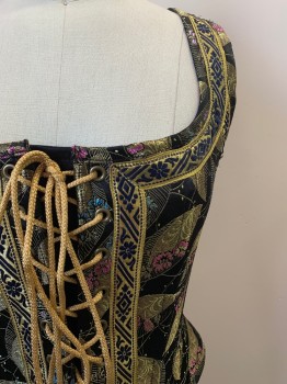 Womens, Historical Fiction Corset, NO LABEL, Black, Gold, Bubble Gum Pink, Blue, Polyester, Cotton, Leaves/Vines , Brocade, B34, Sleeveless, Squared Neck, Boning, Gold & Navy Band, Front And Back Lace Ties, Made To Order,