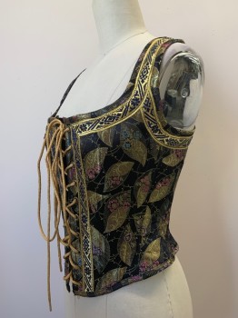 NO LABEL, Black, Gold, Bubble Gum Pink, Blue, Polyester, Cotton, Leaves/Vines , Brocade, Sleeveless, Squared Neck, Boning, Gold & Navy Band, Front And Back Lace Ties, Made To Order,