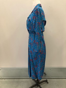 TABBY, Turquoise with Red/Magenta Paisley, Rayon, Surplice Neckline with Notched Lapel, Shoulder Pads, L/S, Elastic Waist, Yoke with Pleats CF, Belt Loops,