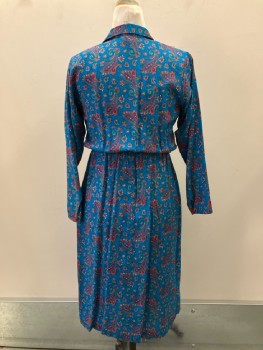 TABBY, Turquoise with Red/Magenta Paisley, Rayon, Surplice Neckline with Notched Lapel, Shoulder Pads, L/S, Elastic Waist, Yoke with Pleats CF, Belt Loops,