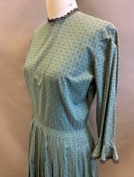 N/L, Moss Green, Brown, Black, Blue, Cotton, Geometric, 3/4 Sleeves with Self Ruffles, Dark Brown Lace Trim at Round Neck, Cuffs and Hem, Pleated Skirt, Knee Length, Button Closures Down Center Back,