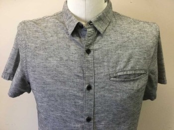 Mens, Casual Shirt, THE RAIL, Heather Gray, Cotton, Solid, L, Short Sleeves, Button Front, Collar Attached, Black Buttons, 1 Welt Pocket