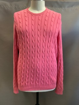 Mens, Pullover Sweater, BROOKS BROTHERS, Bubble Gum Pink, Cotton, Cable Knit, XXL, CN, L/S