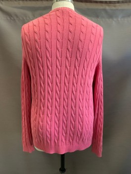 Mens, Pullover Sweater, BROOKS BROTHERS, Bubble Gum Pink, Cotton, Cable Knit, XXL, CN, L/S