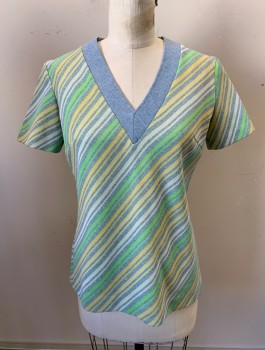 Womens, Top, NL, French Blue, Yellow, Green, Polyester, Stripes - Diagonal , B: 34, Pullover, V-N, S/S, Zip Back, Darts
