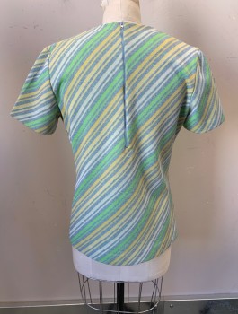 Womens, Top, NL, French Blue, Yellow, Green, Polyester, Stripes - Diagonal , B: 34, Pullover, V-N, S/S, Zip Back, Darts