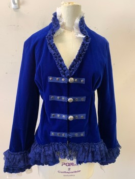 HEARTS & ROSES, Royal Blue, Polyester, Period Inspired Bodice, Velvet, White & Blue Lace Trim, 3/4 Sleeves, 4 Silver Buttons/Loops at Front, Stand Collar, V-Neck, Silver D-Rings in Back (Missing Laces), Steampunk, Cosplay