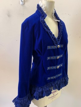 HEARTS & ROSES, Royal Blue, Polyester, Period Inspired Bodice, Velvet, White & Blue Lace Trim, 3/4 Sleeves, 4 Silver Buttons/Loops at Front, Stand Collar, V-Neck, Silver D-Rings in Back (Missing Laces), Steampunk, Cosplay