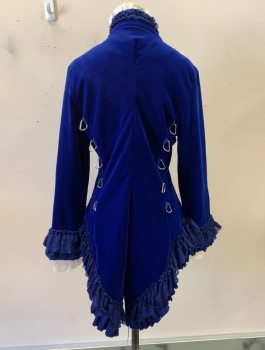 Womens, Sci-Fi/Fantasy Top, HEARTS & ROSES, Royal Blue, Polyester, B:34, Sz.6, W:28, Period Inspired Bodice, Velvet, White & Blue Lace Trim, 3/4 Sleeves, 4 Silver Buttons/Loops at Front, Stand Collar, V-Neck, Silver D-Rings in Back (Missing Laces), Steampunk, Cosplay