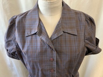 N/L, Lavender Purple, Brown, Cotton, Plaid, Cuffed Short Sleeves, Button Front Placket, Collar Attached, Self Belt, Side Zip