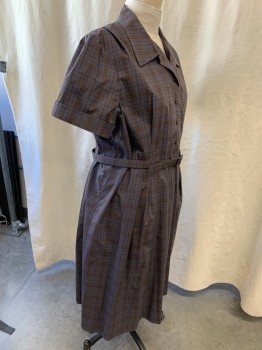 N/L, Lavender Purple, Brown, Cotton, Plaid, Cuffed Short Sleeves, Button Front Placket, Collar Attached, Self Belt, Side Zip