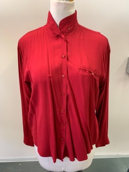 Womens, Blouse, GAP, Red, Rayon, Solid, B42, M, L/S, Button Front, Mandarin Collar, Welt Pocket With Button, Oversize