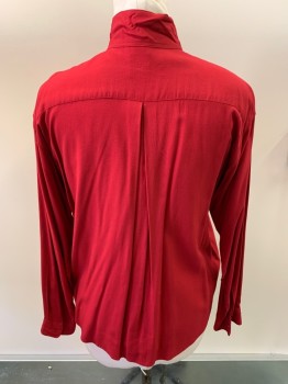 Womens, Blouse, GAP, Red, Rayon, Solid, B42, M, L/S, Button Front, Mandarin Collar, Welt Pocket With Button, Oversize