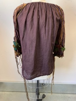 Womens, Sci-Fi/Fantasy Piece 1, MTO, Brown, Green, Ochre Brown-Yellow, Cotton, Leaves/Vines , B36-38, S/M, Blouse- Drawstring Neck, 3/4 Sleeves, Rope 'Twigs' & 3D Leaves with Beads on Sleeves, Has a Matching Cape, See CF094854