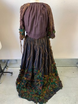 MTO, Brown, Green, Ochre Brown-Yellow, Cotton, Leaves/Vines , Blouse- Drawstring Neck, 3/4 Sleeves, Rope 'Twigs' & 3D Leaves with Beads on Sleeves, Has a Matching Cape, See CF094854