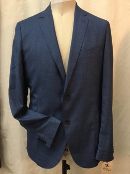 Mens, Suit, Jacket, HUGO BOSS, Denim Blue, Wool, Heathered, Solid, 46L, Single Breasted, 2 Buttons, 2 Patch Pocket, Top Stitch, Notched Lapel,
