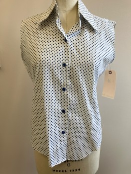 PERMANENT PRESS, White with Navy Polka Dots, Slvls, B.F., C.A., Polyester Cotton