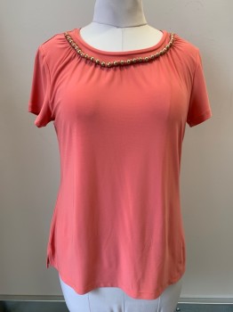 DKNY, Coral Pink, Polyester, Elastane, Solid, S/S, Wide Neck, Gold Bead Neckline,