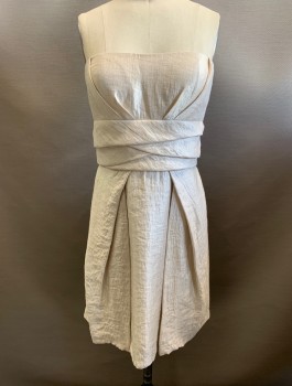 MAX & CLEO , Beige, Rayon, Polyester, Shiny Fabric, Strapless, Pleated Under Bust, Pleated Waistband, Pleated Skirt, 2 Pockets, Zip Back