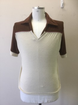 KENNINGTON, Brown, Cream, Polyester, Solid, Open Collar, Short Sleeves, Terry Cloth. Brown Yoke and Sleeves,
