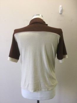 Mens, Polo Shirt, KENNINGTON, Brown, Cream, Polyester, Solid, L, Open Collar, Short Sleeves, Terry Cloth. Brown Yoke and Sleeves,