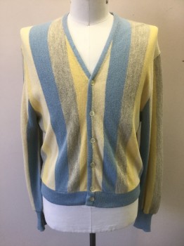 ARNOLD PALMER, Baby Blue, Yellow, Lt Yellow, Gray, Alpaca, Wool, Stripes - Vertical , Cardigan Sweater, Vertical 1.5" Wide Stripes in Alternating Baby Blue, Yellow, Gray, Etc, V-neck, 6 Buttons, Solid Baby Blue Rib Knit Cuffs and Waistband,